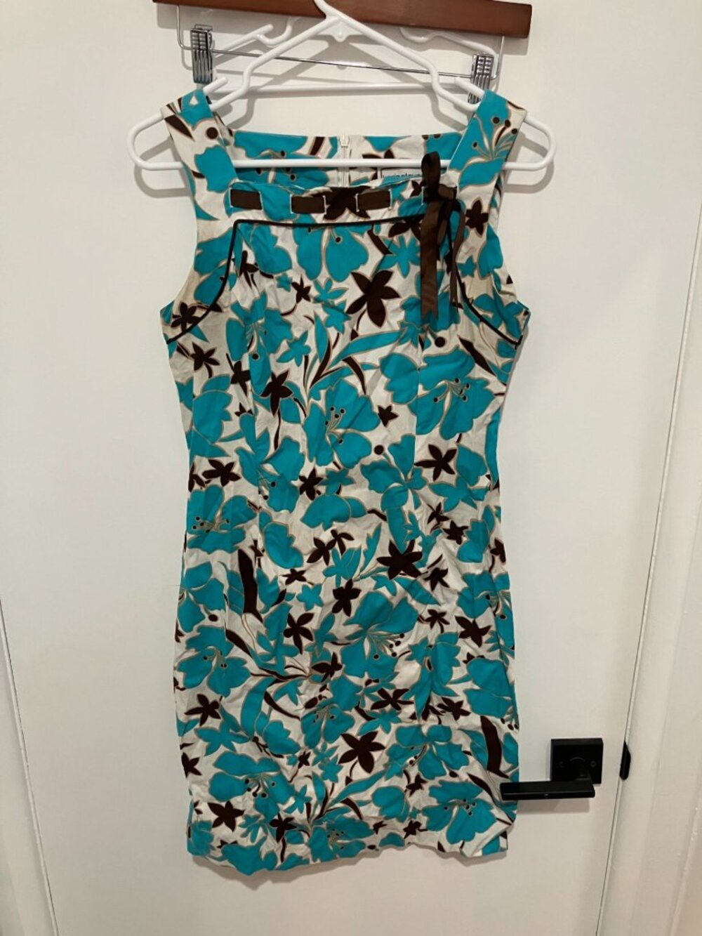 Karin Stevens Vintage Tropical Floral Cotton Sheath Dress Teal Brown White Bow 6